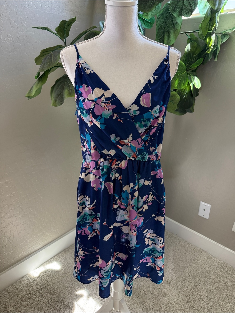 Yumi Kim Floral Royal Blue V-Neck Spaghetti Strap Dress